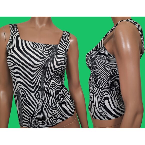 Y2K Garage Sleeveless Top Black White Silver Funky Zebra Print Size M Stretch - Picture 8 of 8